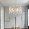 24" Luxurious Round Silver Crystal Chandelier, Contemporary Rectangular Pendant Light for Dining Room