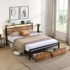 Full Size Bed Frame with Storage Headboard and 2 Drawers, LED Lights Bed with Charging Station