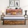 Full Size Bed Frame with Storage Headboard and 2 Drawers, LED Lights Bed with Charging Station