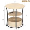 Round Side Table with Charging Station, 3-Tier End Table with Fabric Storage Bag and Shelf