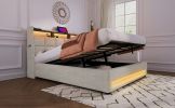 Queen size Upholstered Platform bed with a Hydraulic Storage System, LED and USB Charging