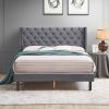 Velvet Button Tufted-Upholstered Bed with Wings Design - Strong Wood Slat Support - Easy Assembly - Gray