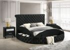 Unique Round Plush Black Velvet Button-Tufted Detailing Storage Bed Queen Size Black 2x Nightstands Wooden Bedroom Furniture 3pc Set
