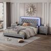 3-Pieces Bedroom Sets, Queen Size Upholstered Platform Bed with LED Lights and Two Nightstands-Gray