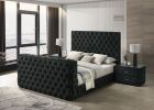 Luxurious Queen Size Bed Nightstand Set Deeply Tufted Headboard Upholstery Black Velvet Footboard Integrated Television Lift Mechanism Storage 3pc Set