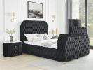 Luxurious King Size 3pc Bed Set Comfort Innovative Design Bed Deeply Tufted Headboard Upholstered Black Velvet Television Lift Built-in Electric Firep
