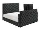Luxurious Queen Size Bed Nightstand Set Deeply Tufted Headboard Upholstery Black Velvet Footboard Integrated Television Lift Mechanism Storage 3pc Set