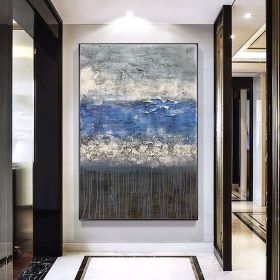 Top Selling Handmade Abstract Oil Painting Wall Art Modern Minimalist Blue Picture Canvas Home Decor For Living Room Bedroom No Frame (75x150cm: 70x140cm)