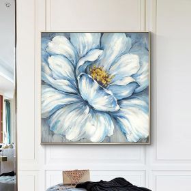 Handmade Gold Foil Abstract Oil Painting Wall Art Modern Minimalist Blue Color Flowers Canvas Home Decorative For Living Room No Frame (75x150cm: 80x80cm)