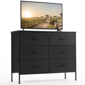 Dresser for Bedroom 6 Drawers Wide Fabric Storage Units Chest of Drawers for Bedroom with Metal Frame and Wooden Top for TV (Color: Black)