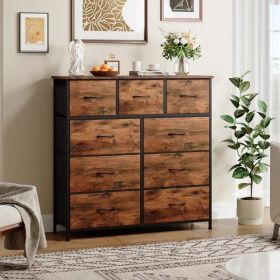 9 Drawer Dresser with Metal Frame and Wooden Top Fabric Storage Organizer Tower for Bedroom Living Room Entryway Office Closet Classic Freestanding Wa (Color: Brown)