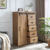 5 Drawers Dresser w/Sliding Barn Door, Farmhouse Modern Tall Dresser 5 Chest of Drawers, Storage Organizer Dresser for Bedroom, Hallway, Living Room